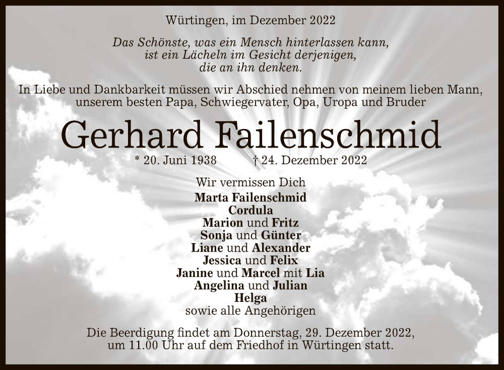  Traueranzeige für Gerhard Failenschmid vom 28.12.2022 aus Reutlinger General-Anzeiger
