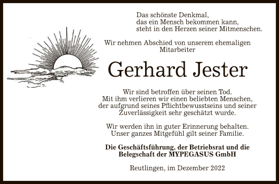 Anzeige von Gerhard Jester von Reutlinger General-Anzeiger