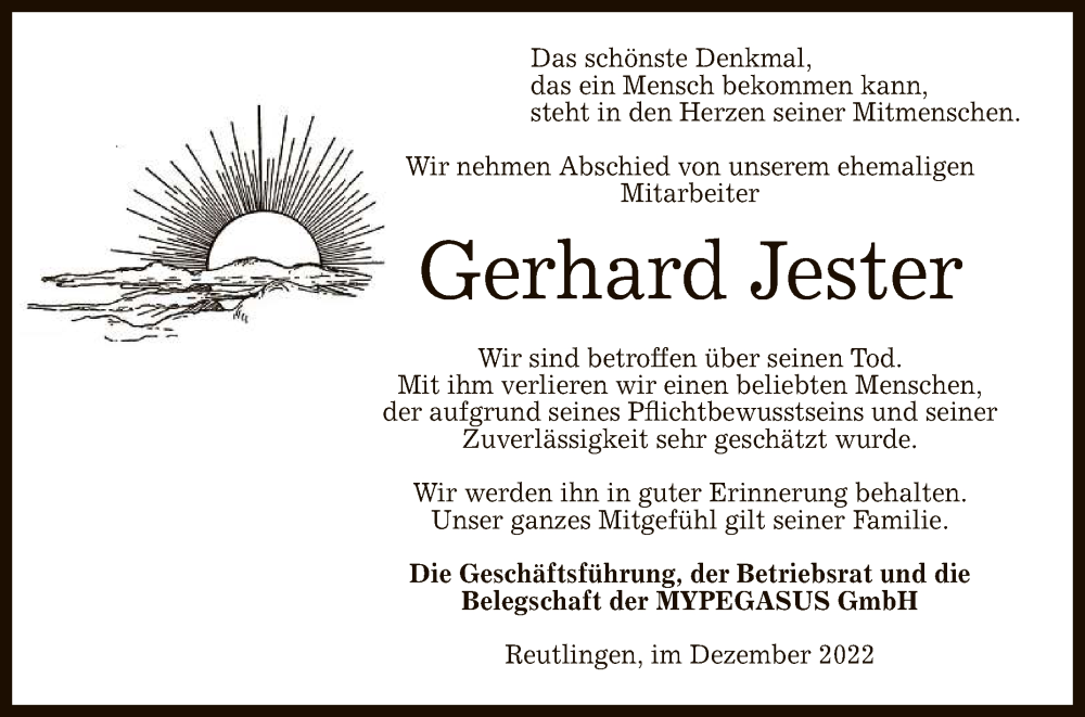  Traueranzeige für Gerhard Jester vom 01.12.2022 aus Reutlinger General-Anzeiger