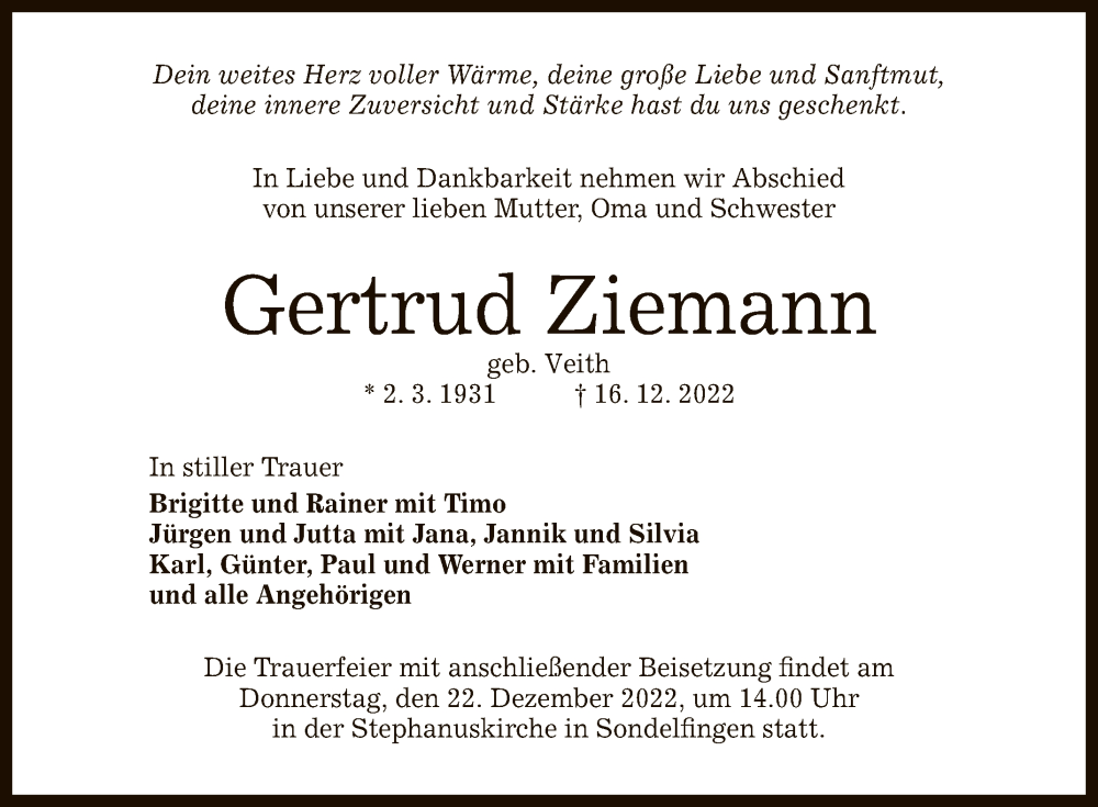  Traueranzeige für Gertrud Ziemann vom 20.12.2022 aus Reutlinger General-Anzeiger