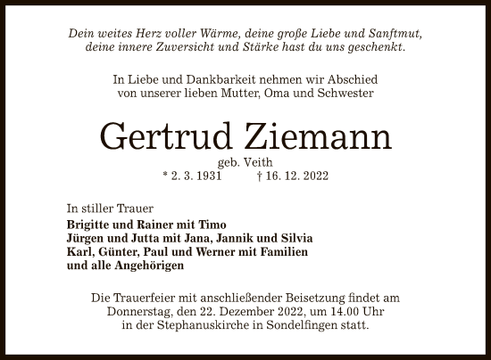 Anzeige von Gertrud Ziemann von Reutlinger General-Anzeiger