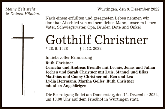 Anzeige von Gotthilf Christner von Reutlinger General-Anzeiger