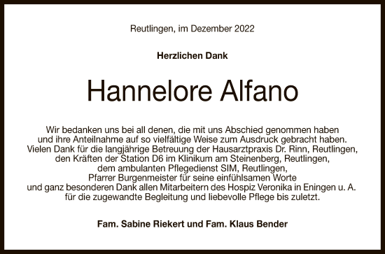 Anzeige von Hannelore Alfano von Reutlinger General-Anzeiger