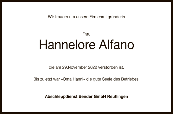 Anzeige von Hannelore Alfano von Reutlinger General-Anzeiger