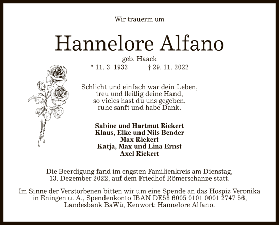Anzeige von Hannelore Alfano von Reutlinger General-Anzeiger