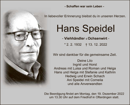 Anzeige von Hans Speidel von Reutlinger General-Anzeiger