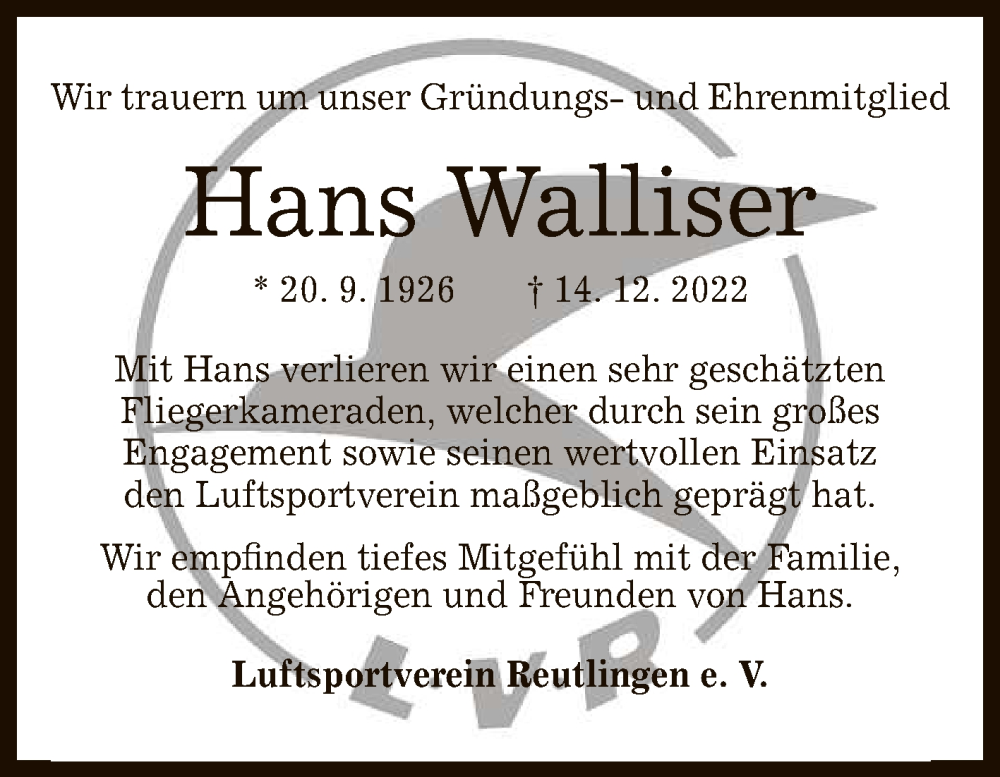  Traueranzeige für Hans Walliser vom 17.12.2022 aus Reutlinger General-Anzeiger