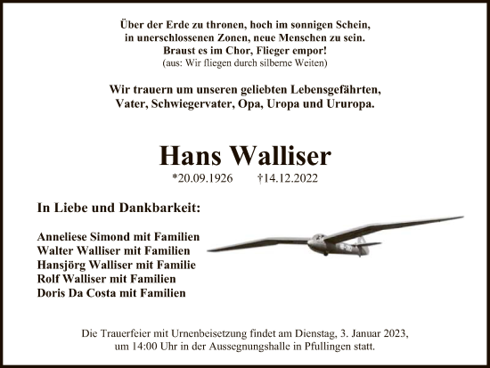 Anzeige von Hans Walliser von Reutlinger General-Anzeiger