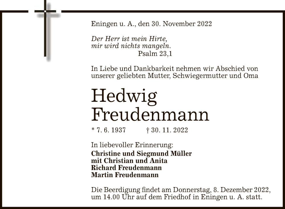  Traueranzeige für Hedwig Freudenmann vom 03.12.2022 aus Reutlinger General-Anzeiger