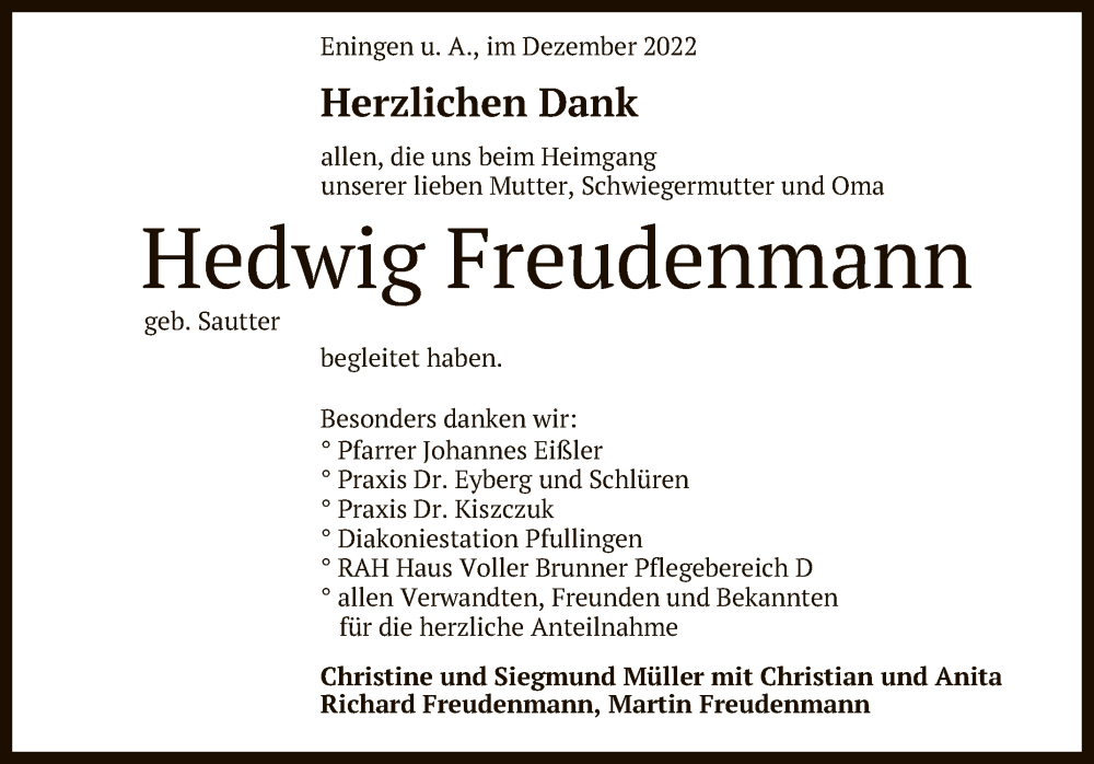  Traueranzeige für Hedwig Freudenmann vom 17.12.2022 aus Reutlinger General-Anzeiger