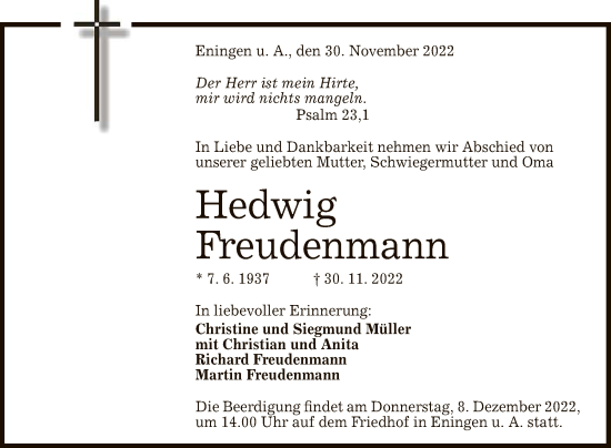 Anzeige von Hedwig Freudenmann von Reutlinger General-Anzeiger