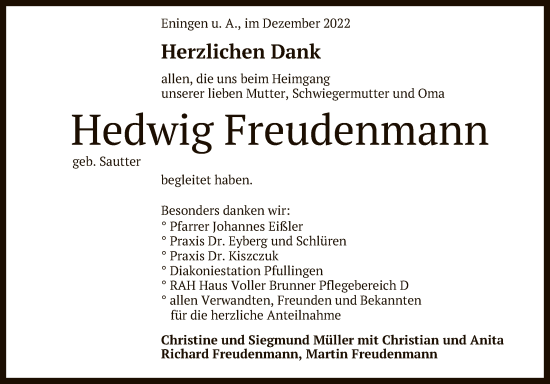Anzeige von Hedwig Freudenmann von Reutlinger General-Anzeiger