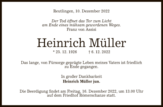 Anzeige von Heinrich Müller von Reutlinger General-Anzeiger