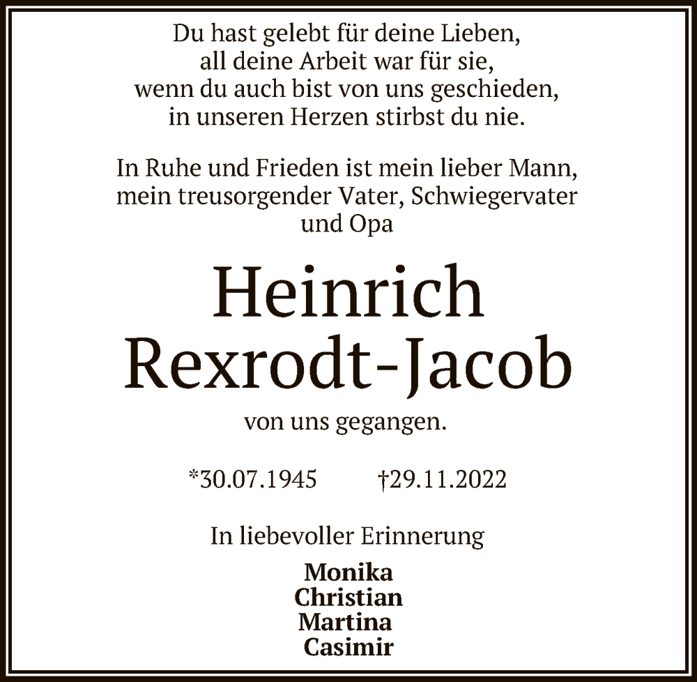  Traueranzeige für Heinrich Rexrodt-Jacob vom 03.12.2022 aus Reutlinger General-Anzeiger