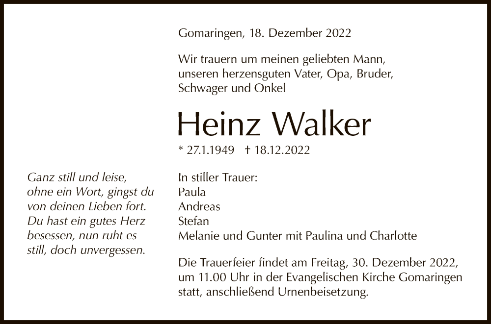  Traueranzeige für Heinz Walker vom 27.12.2022 aus Reutlinger General-Anzeiger
