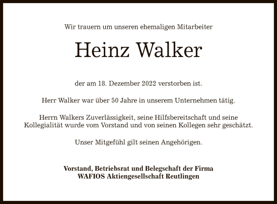 Anzeige von Heinz Walker von Reutlinger General-Anzeiger