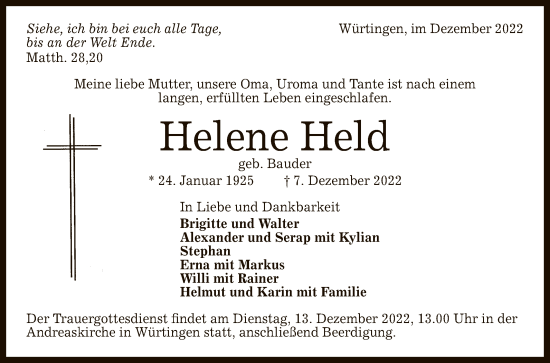 Anzeige von Helene Held von Reutlinger General-Anzeiger