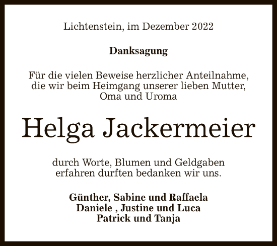 Anzeige von Helga Jackermeier von Reutlinger General-Anzeiger