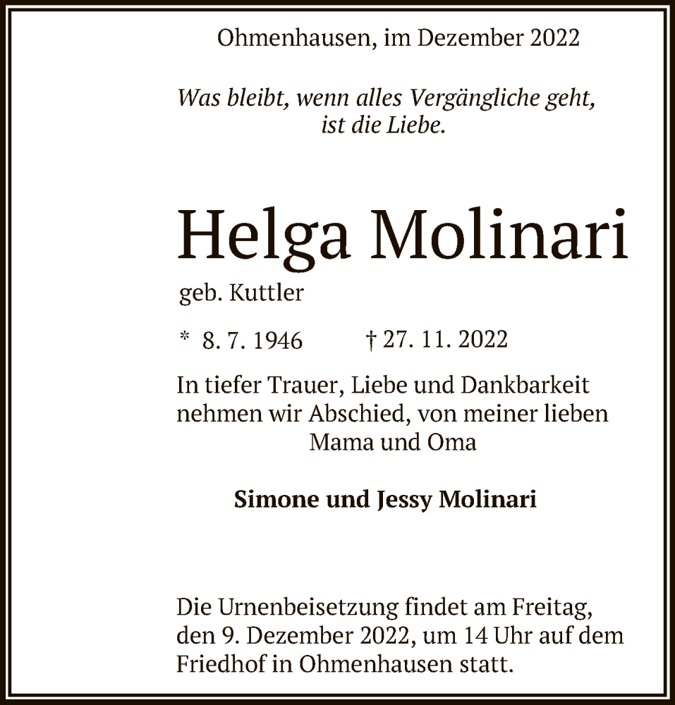  Traueranzeige für Helga Molinari vom 09.12.2022 aus Reutlinger General-Anzeiger