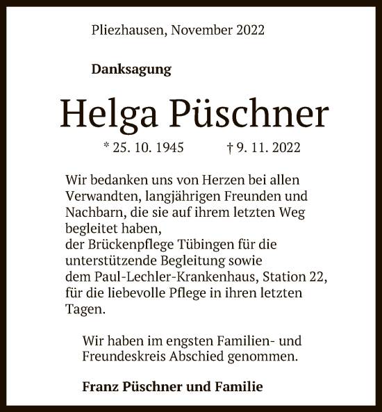 Anzeige von Helga Püschner von Reutlinger General-Anzeiger