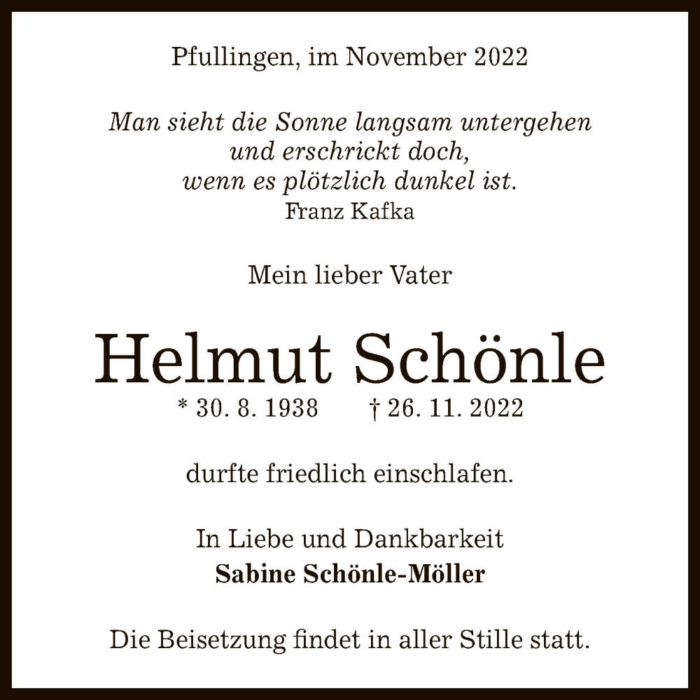  Traueranzeige für Helmut Schönle vom 03.12.2022 aus Reutlinger General-Anzeiger