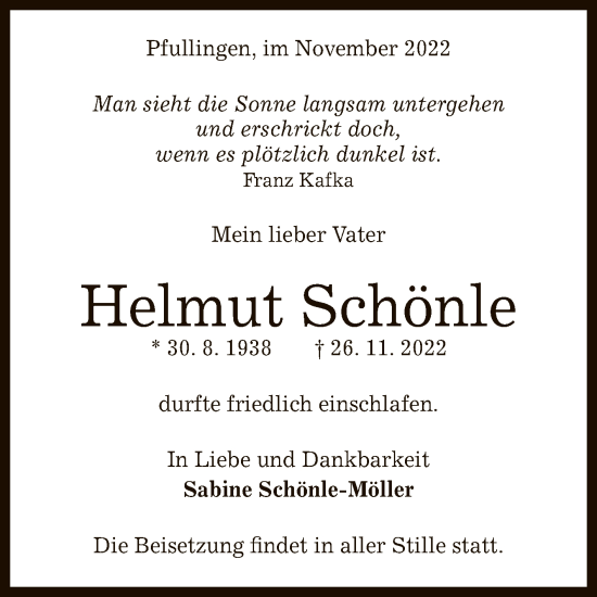 Anzeige von Helmut Schönle von Reutlinger General-Anzeiger