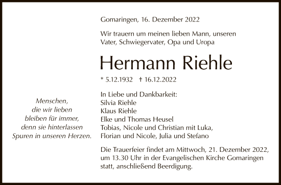Anzeige von Hermann Riehle von Reutlinger General-Anzeiger