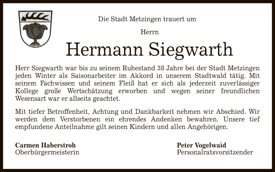 Anzeige von Hermann Siegwarth von Reutlinger General-Anzeiger