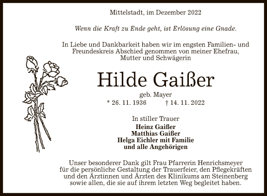 Anzeige von Hilde Gaißer von Reutlinger General-Anzeiger