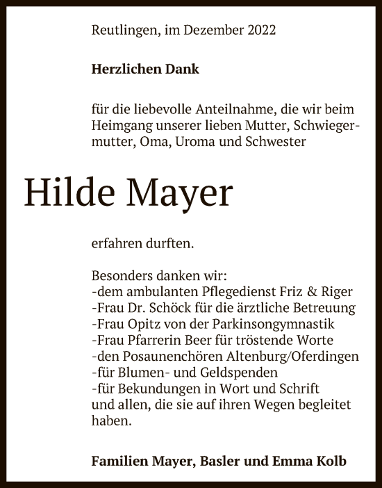 Anzeige von Hilde Mayer von Reutlinger General-Anzeiger