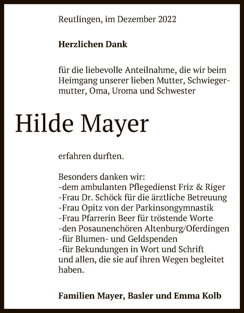  Traueranzeige für Hilde Mayer vom 10.12.2022 aus Reutlinger General-Anzeiger