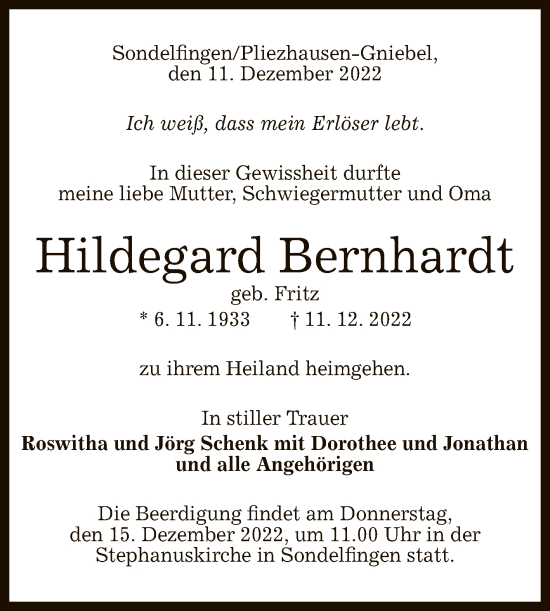 Anzeige von Hildegard Bernhardt von Reutlinger General-Anzeiger