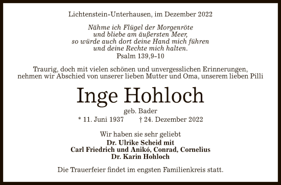 Anzeige von Inge Hohloch von Reutlinger General-Anzeiger