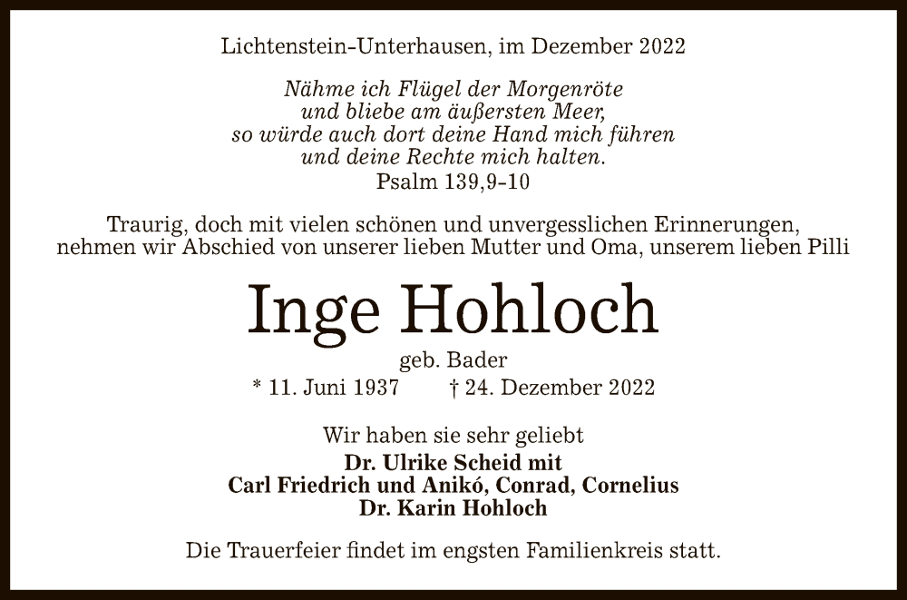  Traueranzeige für Inge Hohloch vom 31.12.2022 aus Reutlinger General-Anzeiger