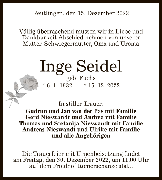 Anzeige von Inge Seidel von Reutlinger General-Anzeiger