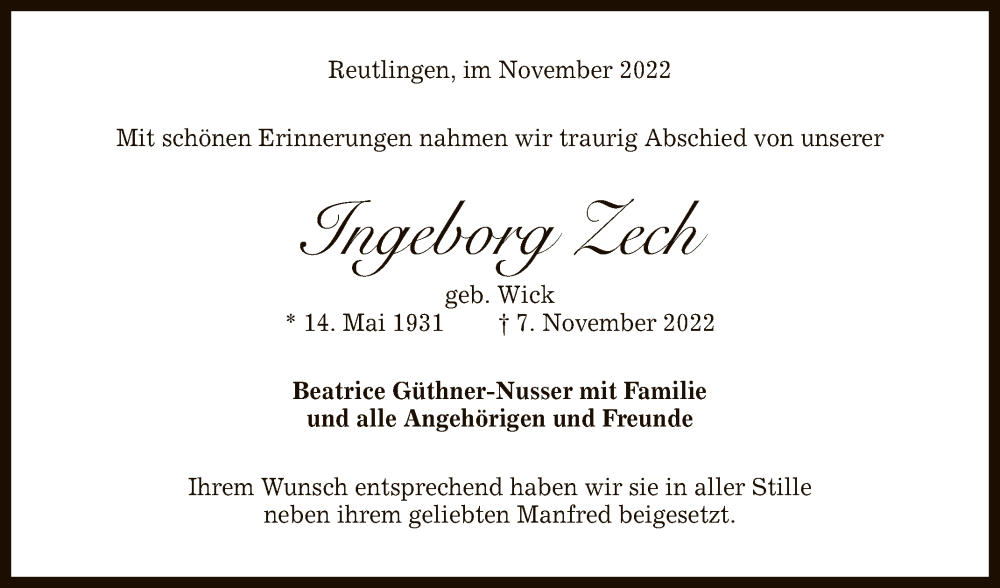  Traueranzeige für Ingeborg Zech vom 03.12.2022 aus Reutlinger General-Anzeiger