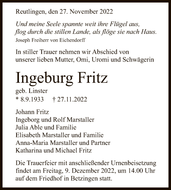 Anzeige von Ingeburg Fritz von Reutlinger General-Anzeiger