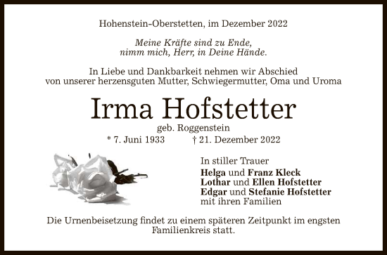 Anzeige von Irma Hofstetter von Reutlinger General-Anzeiger