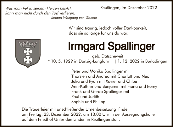 Anzeige von Irmgard Spallinger von Reutlinger General-Anzeiger