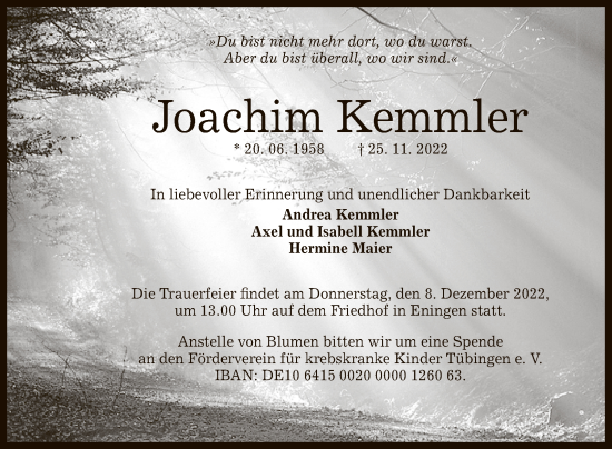 Anzeige von Joachim Kemmler von Reutlinger General-Anzeiger