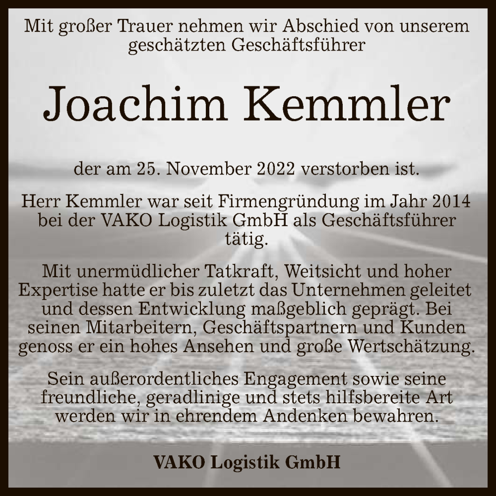  Traueranzeige für Joachim Kemmler vom 07.12.2022 aus Reutlinger General-Anzeiger