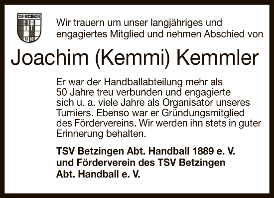 Anzeige von Joachim  Kemmler von Reutlinger General-Anzeiger