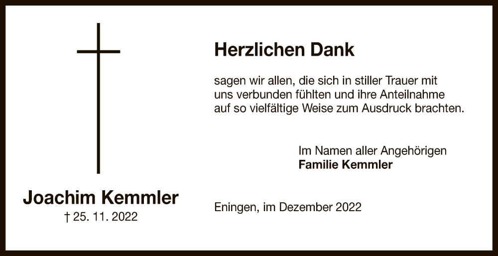  Traueranzeige für Joachim Kemmler vom 29.12.2022 aus Reutlinger General-Anzeiger