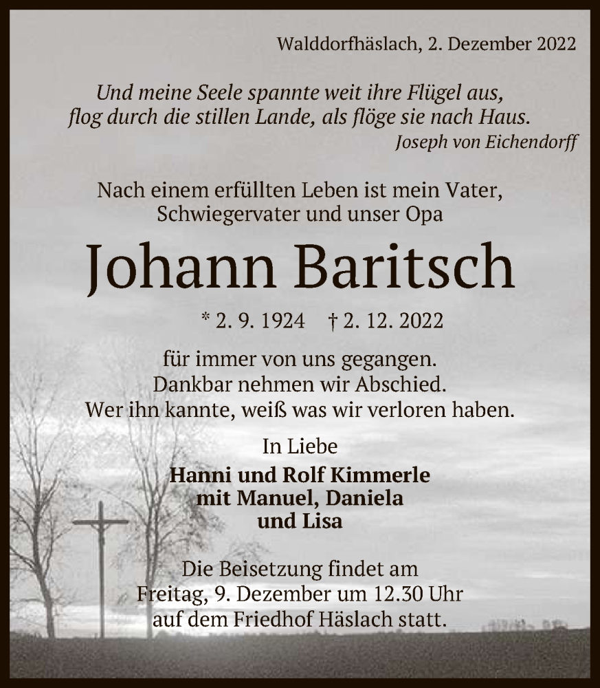  Traueranzeige für Johann Baritsch vom 06.12.2022 aus Reutlinger General-Anzeiger