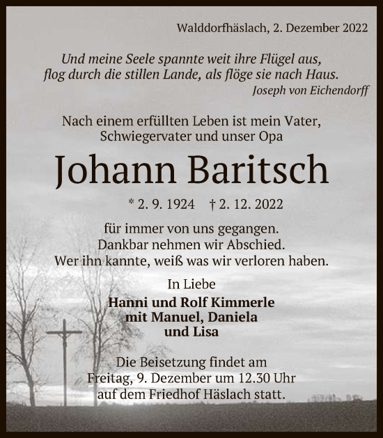 Anzeige von Johann Baritsch von Reutlinger General-Anzeiger