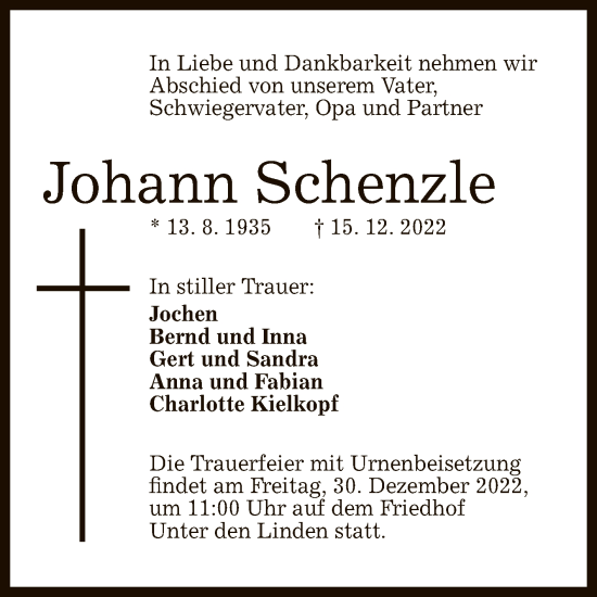 Anzeige von Johann Schenzle von Reutlinger General-Anzeiger