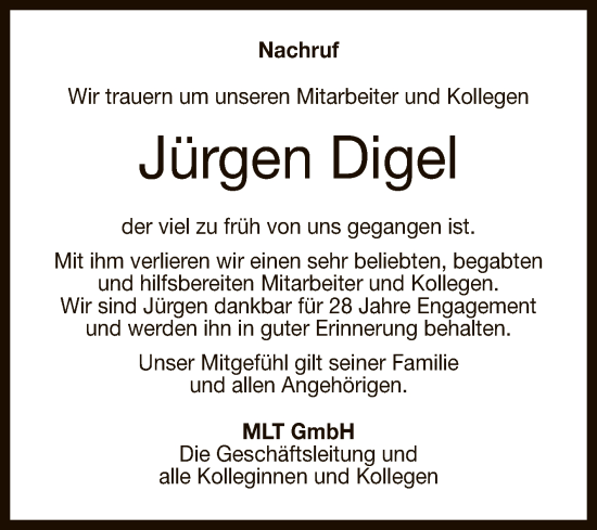 Anzeige von Jürgen Digel von Reutlinger General-Anzeiger