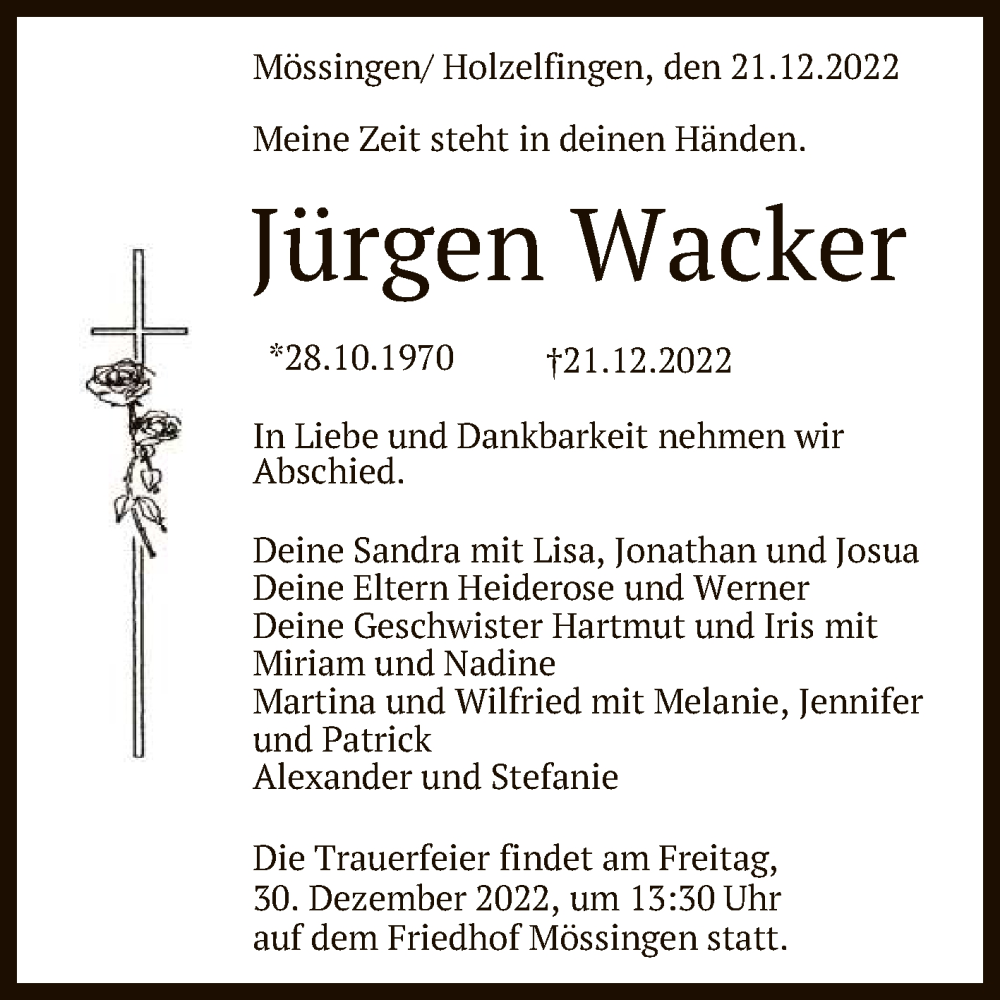  Traueranzeige für Jürgen Wacker vom 28.12.2022 aus Reutlinger General-Anzeiger
