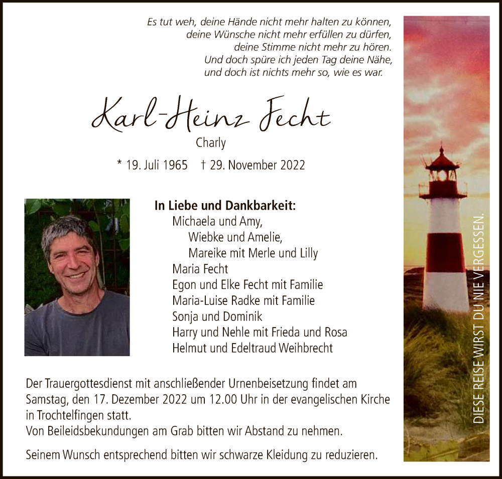  Traueranzeige für Karl Heinz Fecht vom 09.12.2022 aus Reutlinger General-Anzeiger