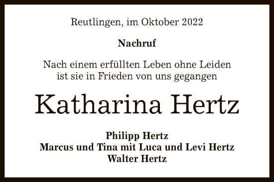Anzeige von Katharina Hertz von Reutlinger General-Anzeiger